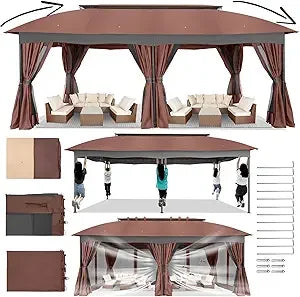 Gazebo 12x20 with Improved Cold Proof Curtains Heavy Duty Double Roof Winter Gazebo Clearance - Wild Paw Outdoors