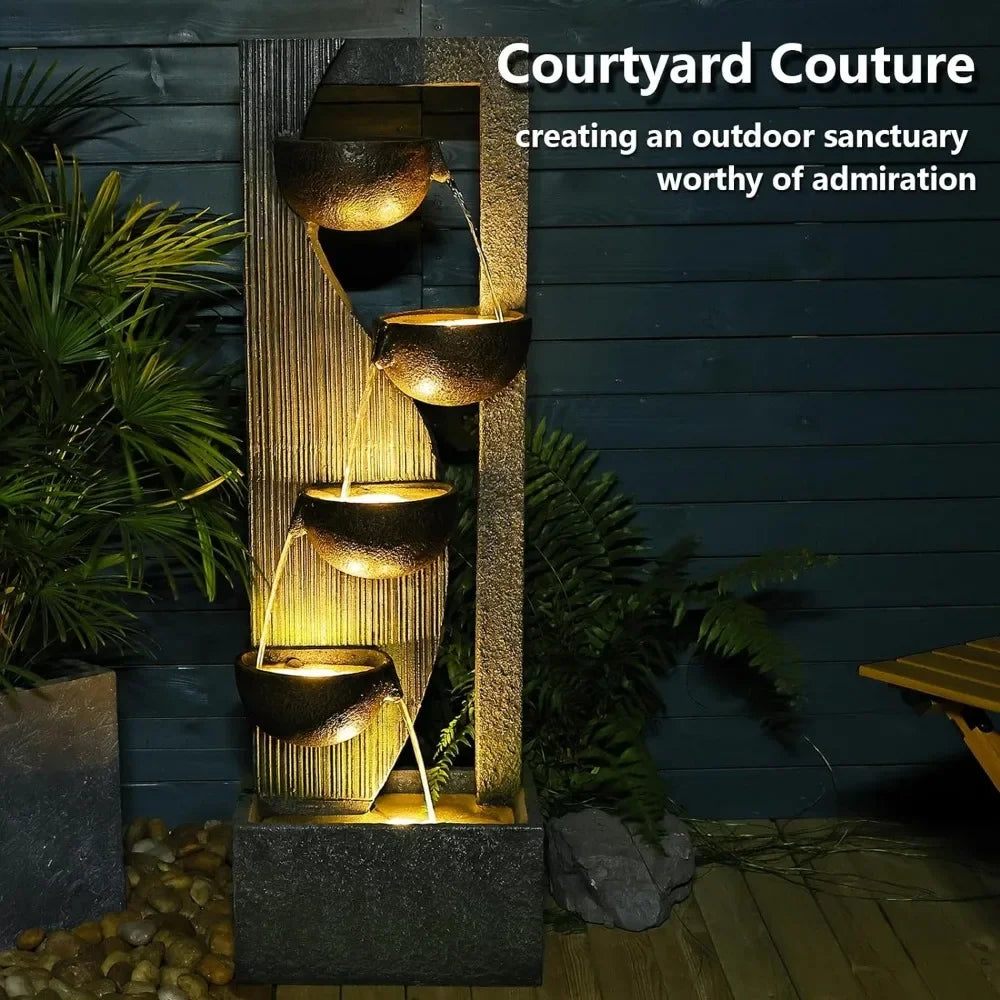Outdoor Cascading Bowl Waterfall Fountain 49.2 Inches Tall with LED Lights Pump and Natural Stones for Garden - Wild Paw Outdoors