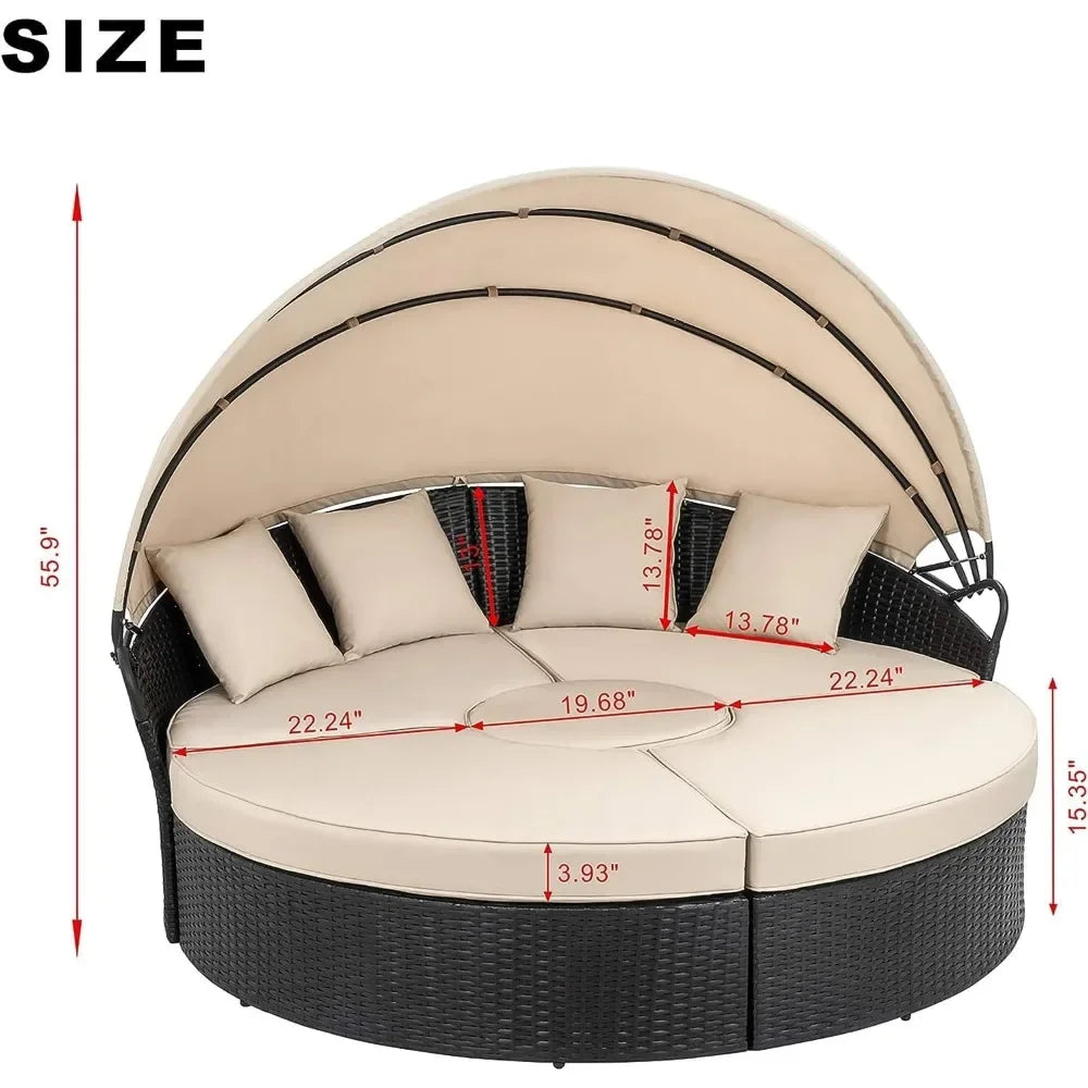 Patio Furniture Round Daybed with Retractable Canopy Outdoor Wicker Rattan Sectional Sofa Set Garden Furniture Sets - Wild Paw Outdoors
