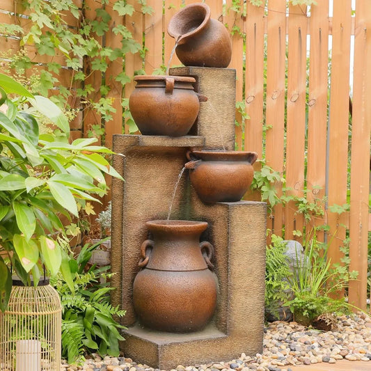 53 Inch Tall Large Outdoor Fountain with Lights 4 Storey Waterfall Fountain Standalone Outdoor Water Feature - Wild Paw Outdoors
