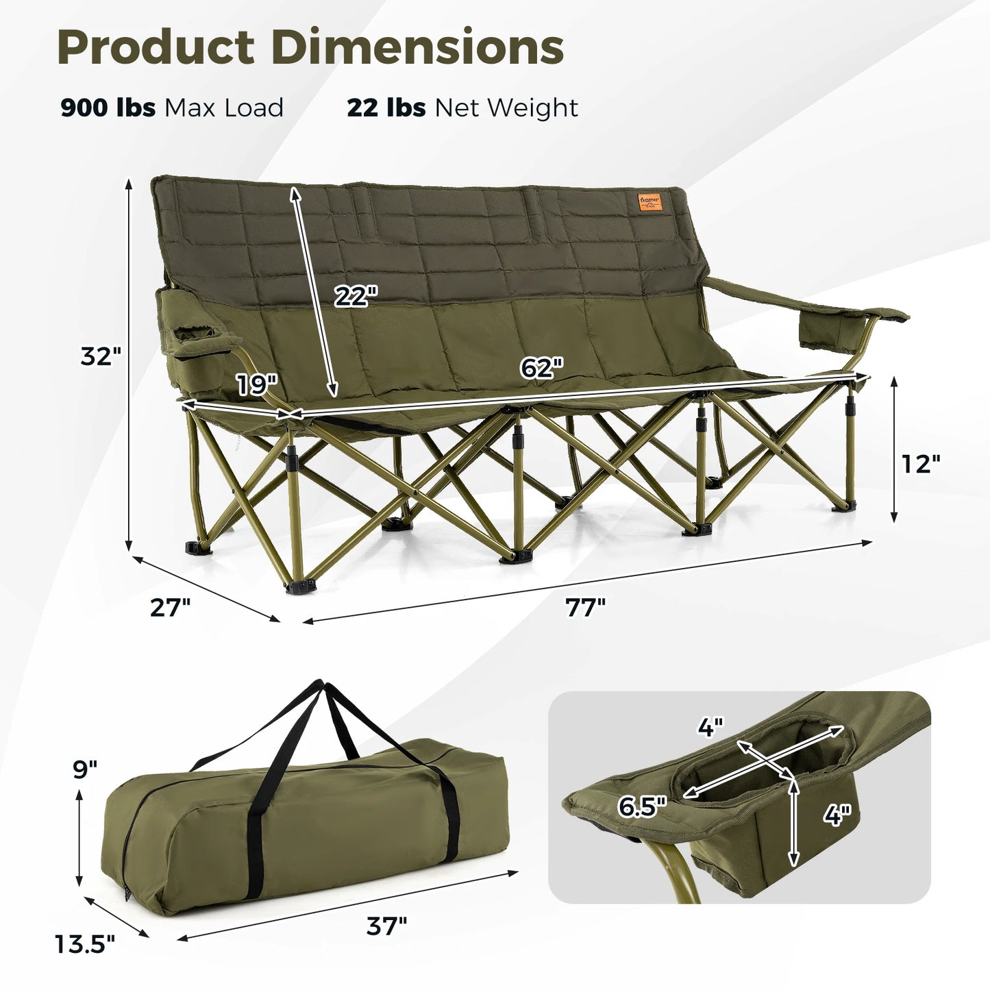 3 Person Folding Camping Chair Heavy-Duty Camp Couch with 2 Cup Holders Padding - Wild Paw Outdoors