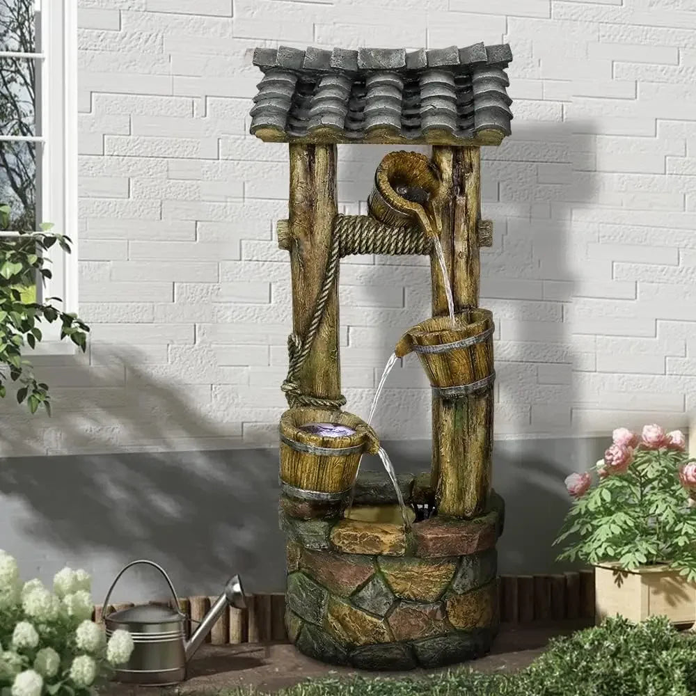 Wishing Well Water Fountain 39.3 Inches Rustic Outdoor Water Fountain with Buckets Durable Cascading Fountain - Wild Paw Outdoors