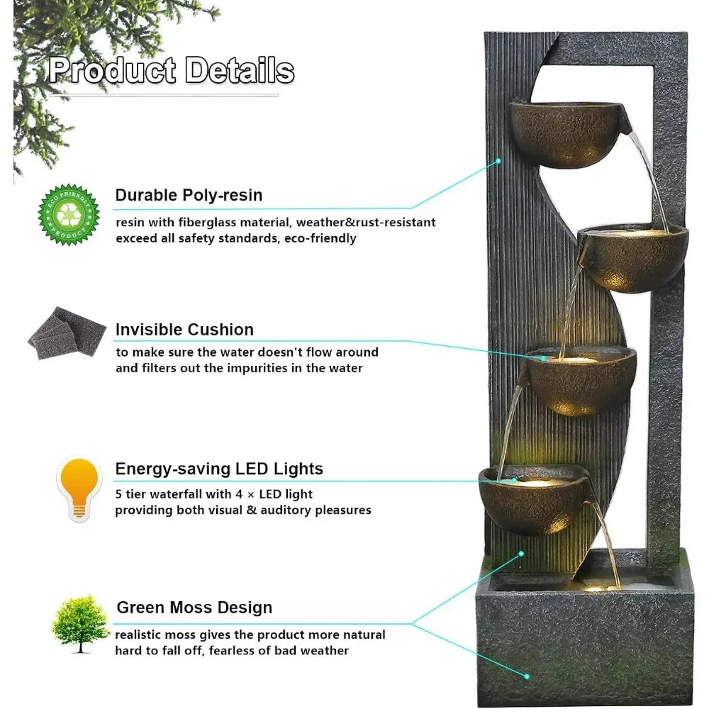 Outdoor Cascading Bowl Waterfall Fountain 49.2 Inches Tall with LED Lights Pump and Natural Stones for Garden - Wild Paw Outdoors