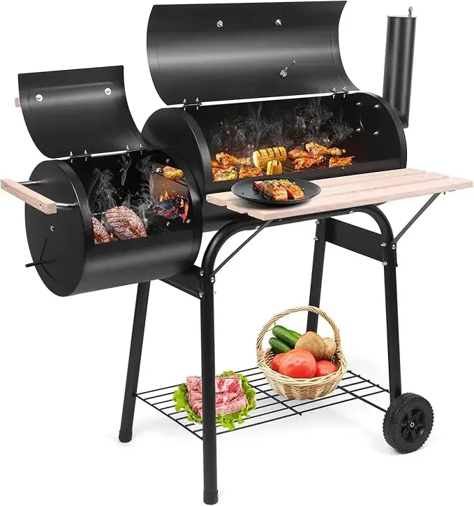Charcoal Grill and Offset Smoker Outdoor Patio Barbecue Cooker with Wheels Portable Backyard BBQ Oven with Side Fire Box - Wild Paw Outdoors