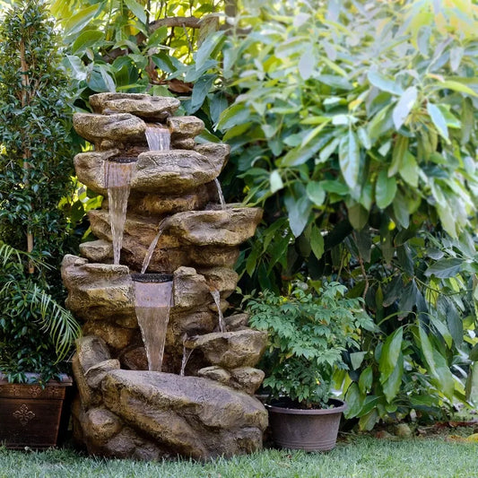 51 Inch Outdoor Six Story Fountain with LED Lights and Natural Stone Appearance for Gardens and Rock Waterfall Fountains - Wild Paw Outdoors