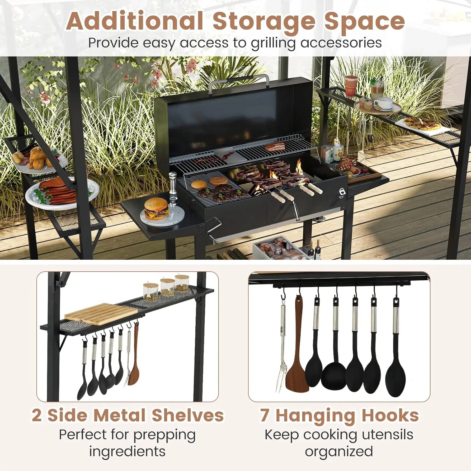 13x5 Ft Grill Gazebo with Dual Side Awnings 2-Tier Barbecue Gazebo with Shelves and Hooks Adjustable Shade Outdoor Grill Canopy - Wild Paw Outdoors