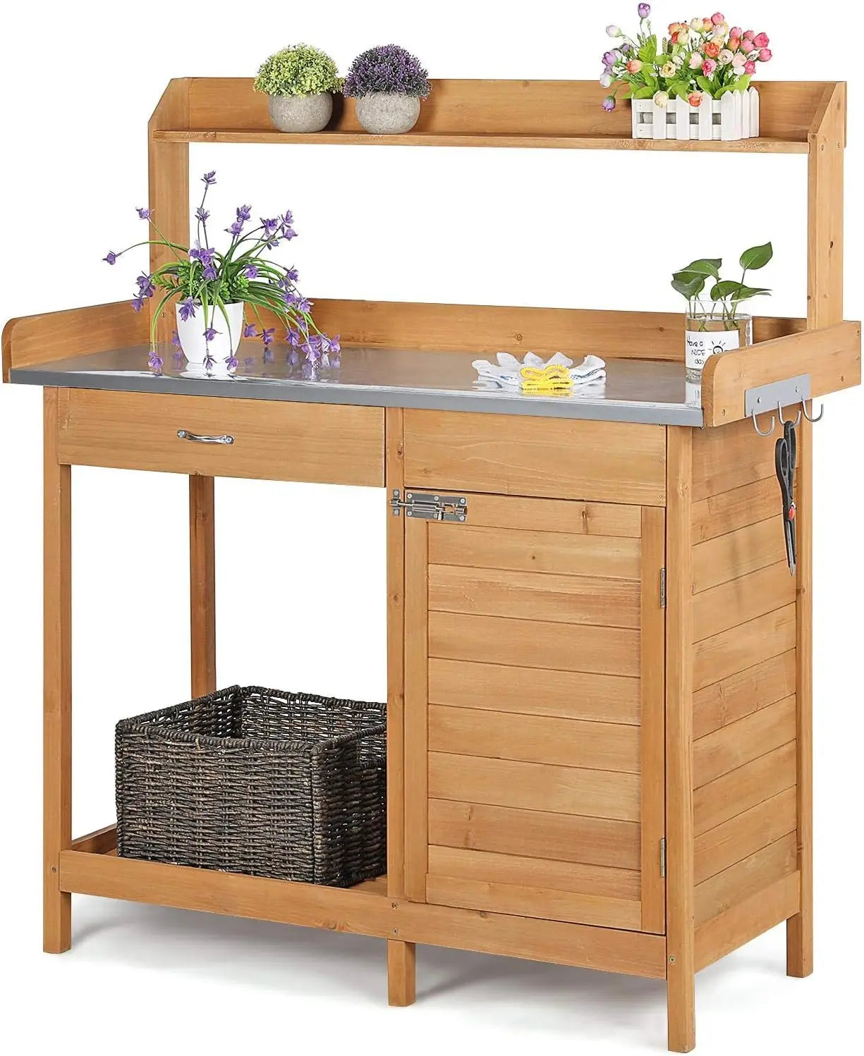 Outdoor Potting Bench Table Work Station Garden Planting Table with Cabinet Drawer Top Shelf and Lower Shelf - Wild Paw Outdoors