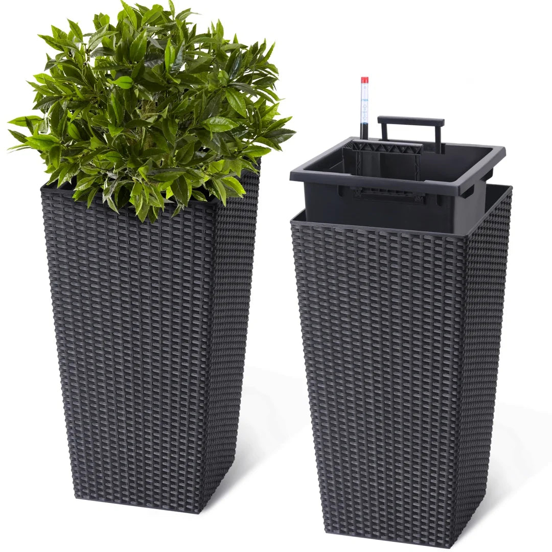 Set of 2 Rattan Style Planters 30 Inch Self Watering Flower Pots with Drainage Holes Water Level Monitor and Inner Bucket Indoor Outdoor - Wild Paw Outdoors