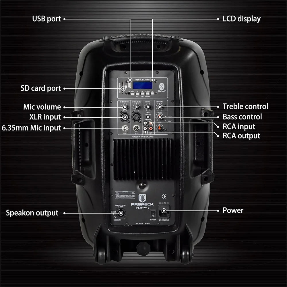 Party 12 Inch 1000 Watt 2 Way Powered PA Speaker System Combo Set with Bluetooth and USB Drive - Wild Paw Outdoors