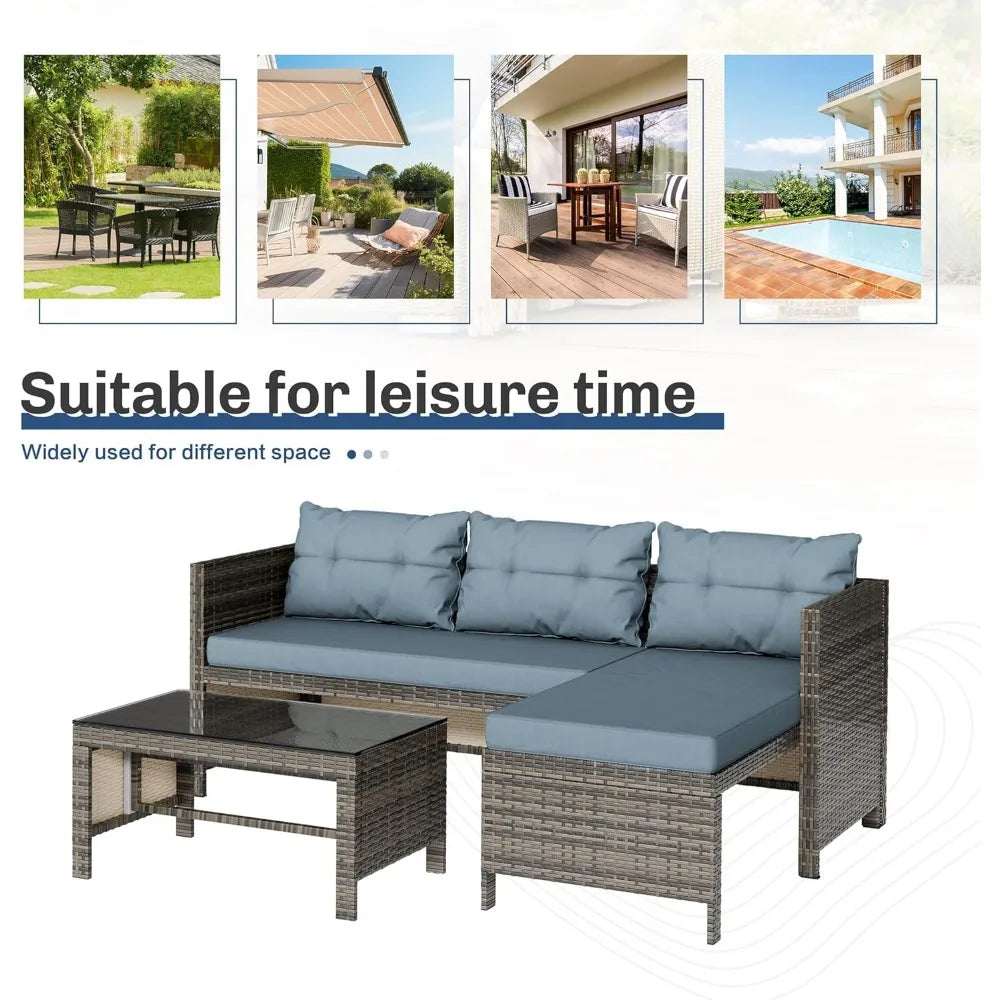 Outdoor Patio Furniture 3 Piece Waterproof Outdoor Sectional Sofa All Weather L Shaped Patio Couch with Cushion Glass Table - Wild Paw Outdoors
