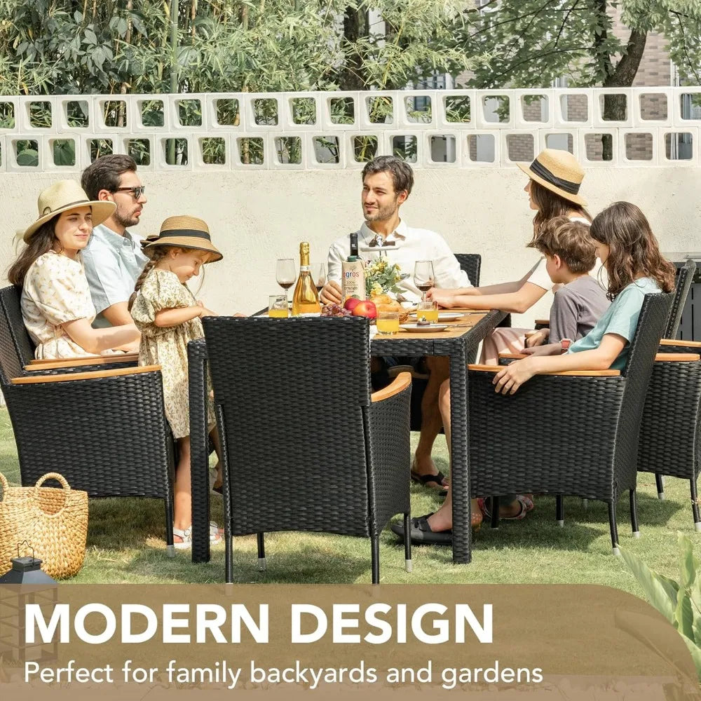 Outdoor Patio Dining Set 9 Pieces Wicker Dining Table and Chairs with Acacia Wood Top and Widened Armrests - Wild Paw Outdoors