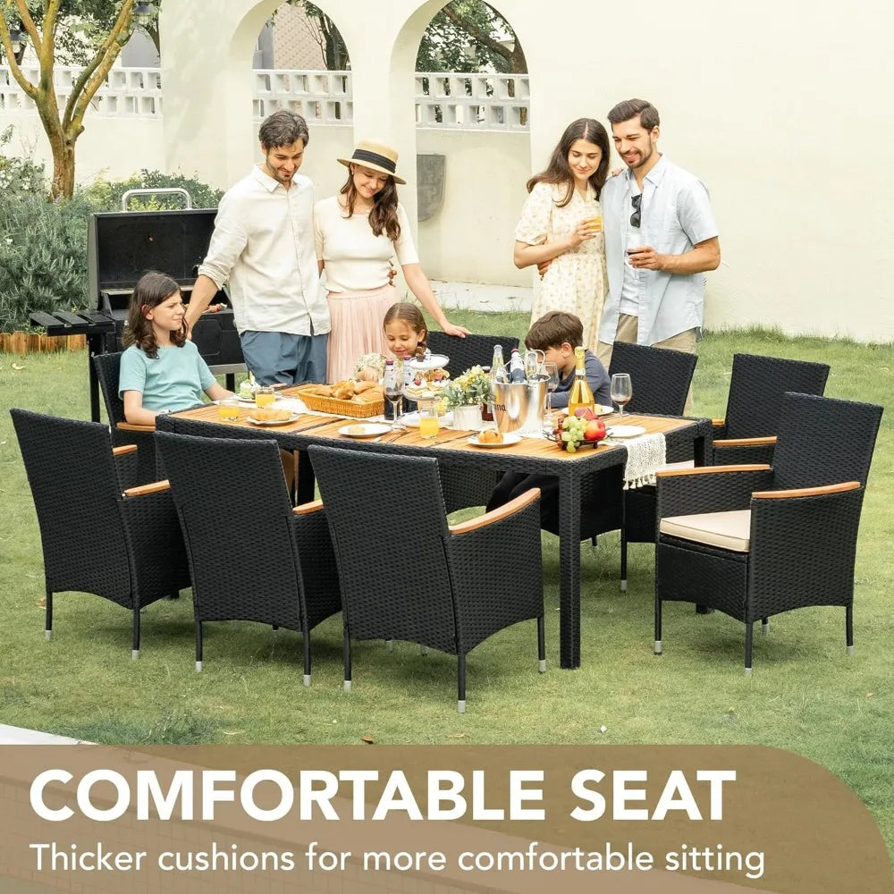 Outdoor Patio Dining Set 9 Pieces Wicker Dining Table and Chairs with Acacia Wood Top and Widened Armrests - Wild Paw Outdoors