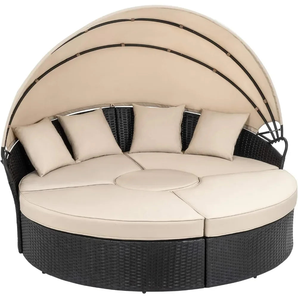 Patio Furniture Round Daybed with Retractable Canopy Outdoor Wicker Rattan Sectional Sofa Set Garden Furniture Sets - Wild Paw Outdoors