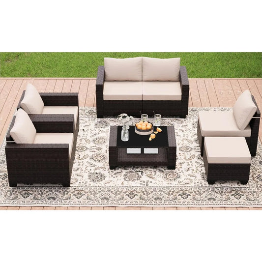 Patio Furniture Set 7 Pieces Wicker Outdoor Sectional Sofa with Ergonomic Armrests and Cushions - Wild Paw Outdoors