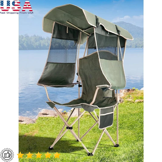 Folding Beach Chair with Canopy Shade Camping Chair Cup Holder Side Pocket Adjustable Sun Protection Support 330 lbs Heavy Duty - Wild Paw Outdoors