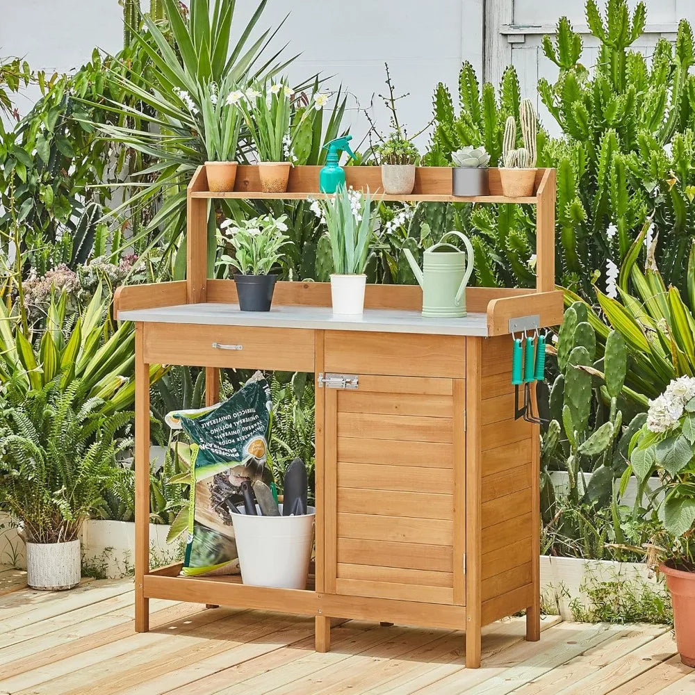 Outdoor Potting Bench Table Work Station Garden Planting Table with Cabinet Drawer Top Shelf and Lower Shelf - Wild Paw Outdoors