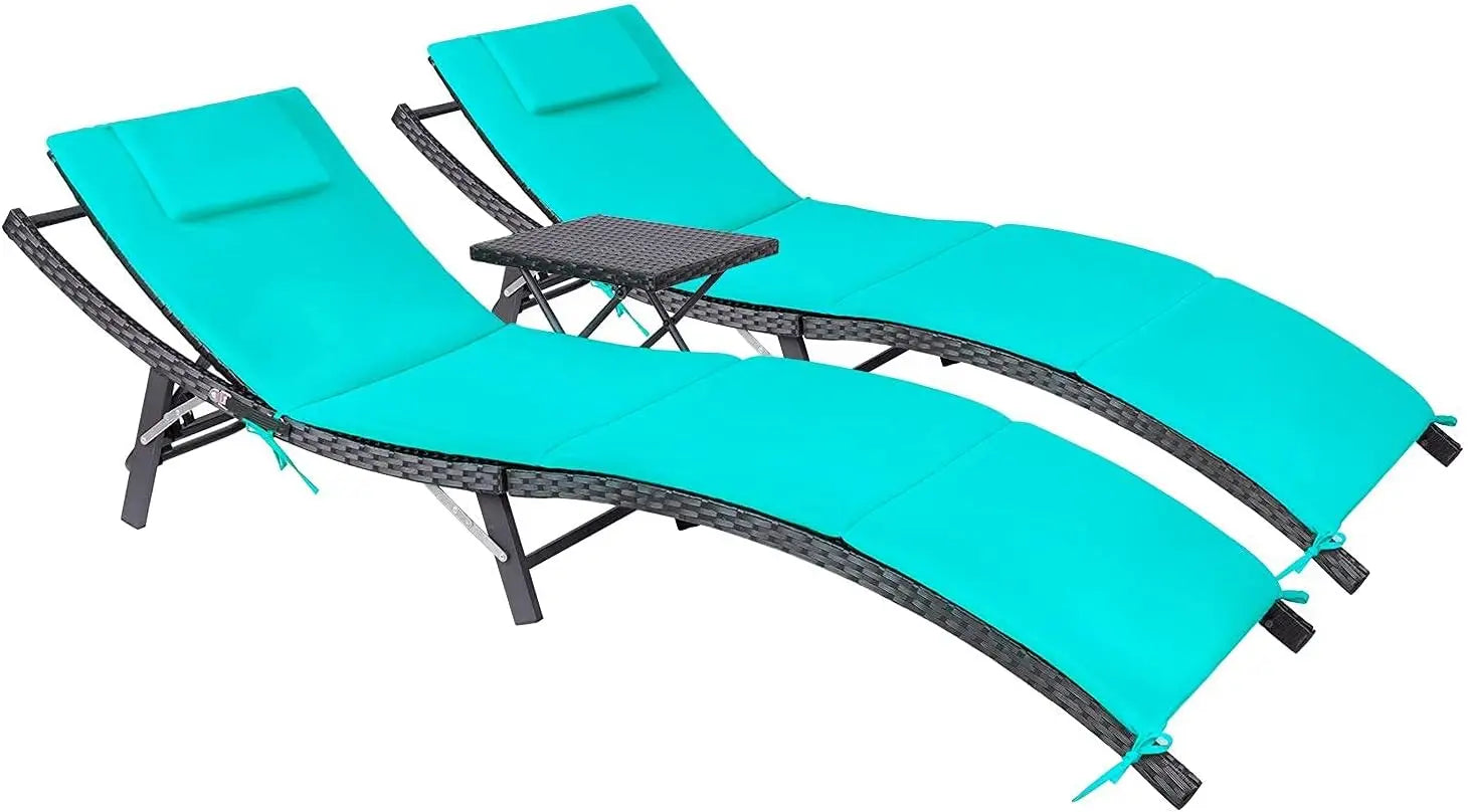 Patio Chaise Lounge Set Outdoor Rattan Adjustable Back Cushioned Folding Lounger with Table - Wild Paw Outdoors