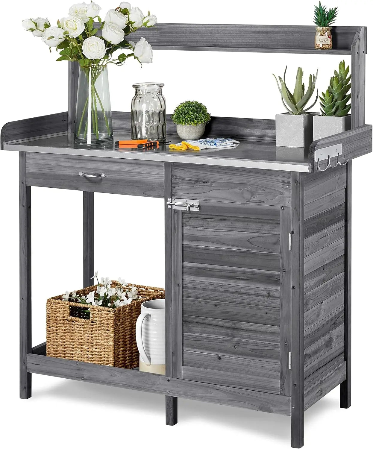 Outdoor Potting Bench Table Work Station Garden Planting Table with Cabinet Drawer Top Shelf and Lower Shelf - Wild Paw Outdoors