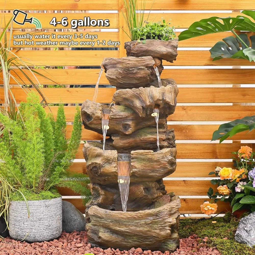 40.5 Inch Outdoor Garden Water Fountain 5 Tier Large Cascading Rock Waterfall Resin Imitation Wood with Adjustable Pump and Built-In Lighting - Wild Paw Outdoors