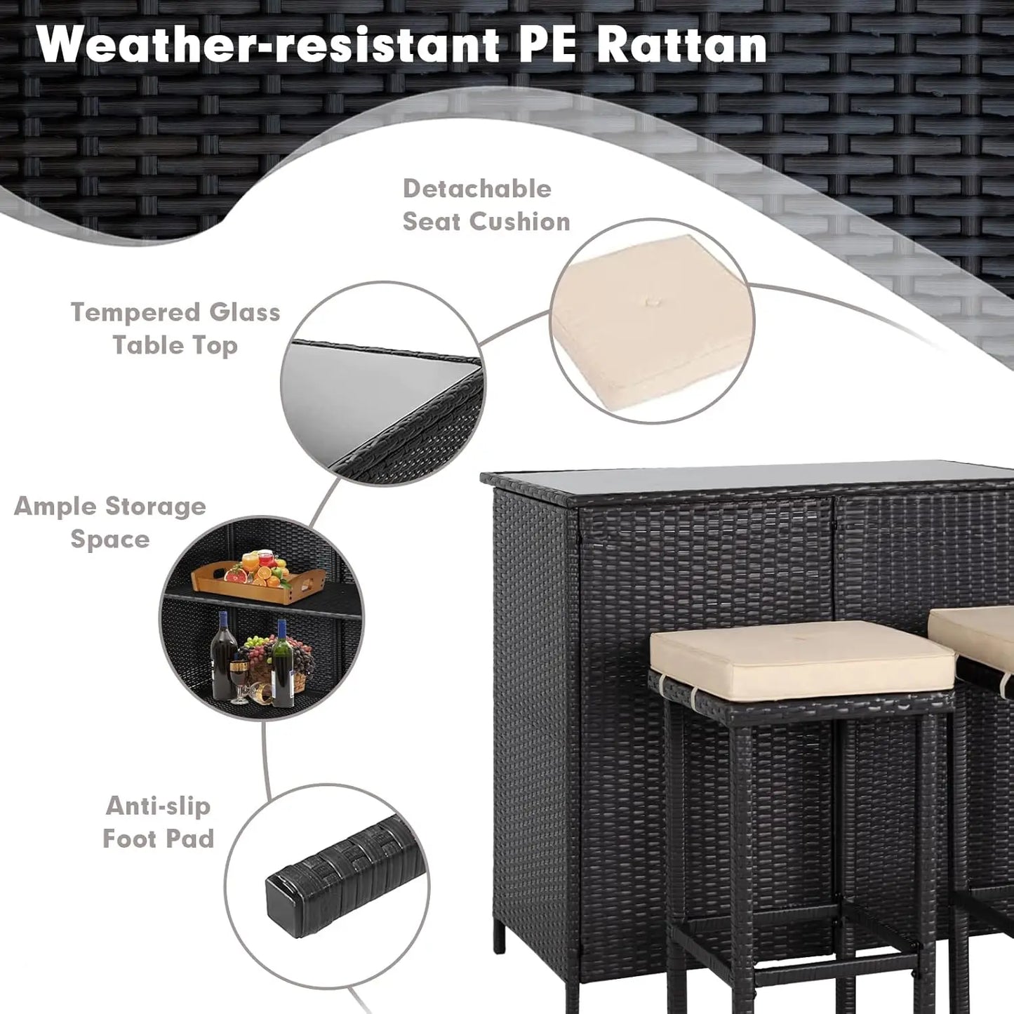 3 Piece Wicker Patio Outdoor Bar Set with 2 Stools and 1 Glass Top Table for Deck Lawn and Backyard - Wild Paw Outdoors