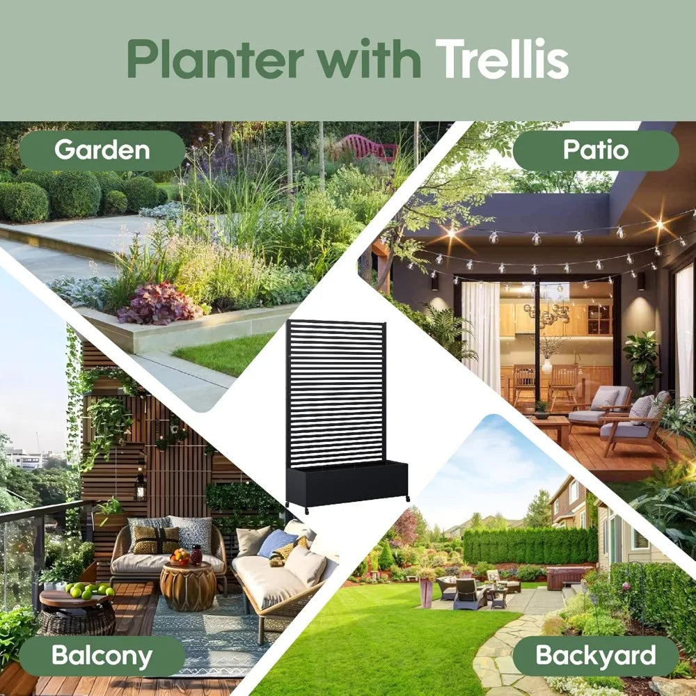 Metal Planter Box with Trellis Privacy Screen Raised Garden Bed with Wheels Modern Outdoor Planters for Patio - Wild Paw Outdoors