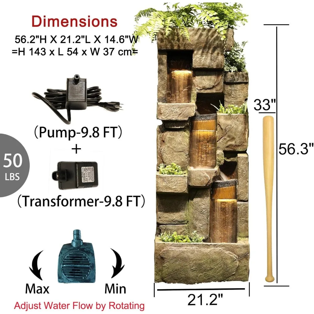 56.3 Inch High Garden Fountain with LED Lights and Water Pump Three Layer Rock Fountain for Home and Garden Decoration - Wild Paw Outdoors