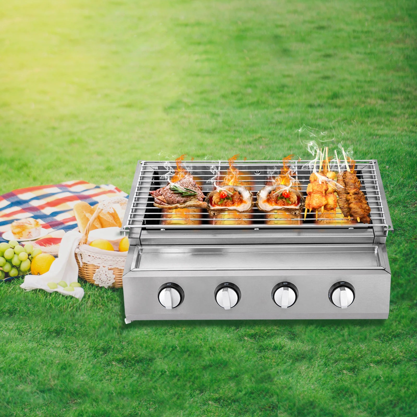 Stainless Steel Smokeless Barbecue Grill 4 Burners LPG Gas Grill Portable BBQ Grill Removable for Outdoor Patio Garden - Wild Paw Outdoors
