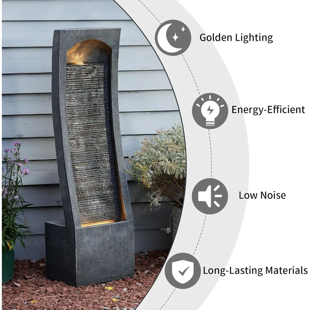 Modern Indoor Water Fountain Curved Faux Slate Waterfall Fountain with LED Lighting 42.5 Inch Tall Tiered Waterfall Fountain - Wild Paw Outdoors
