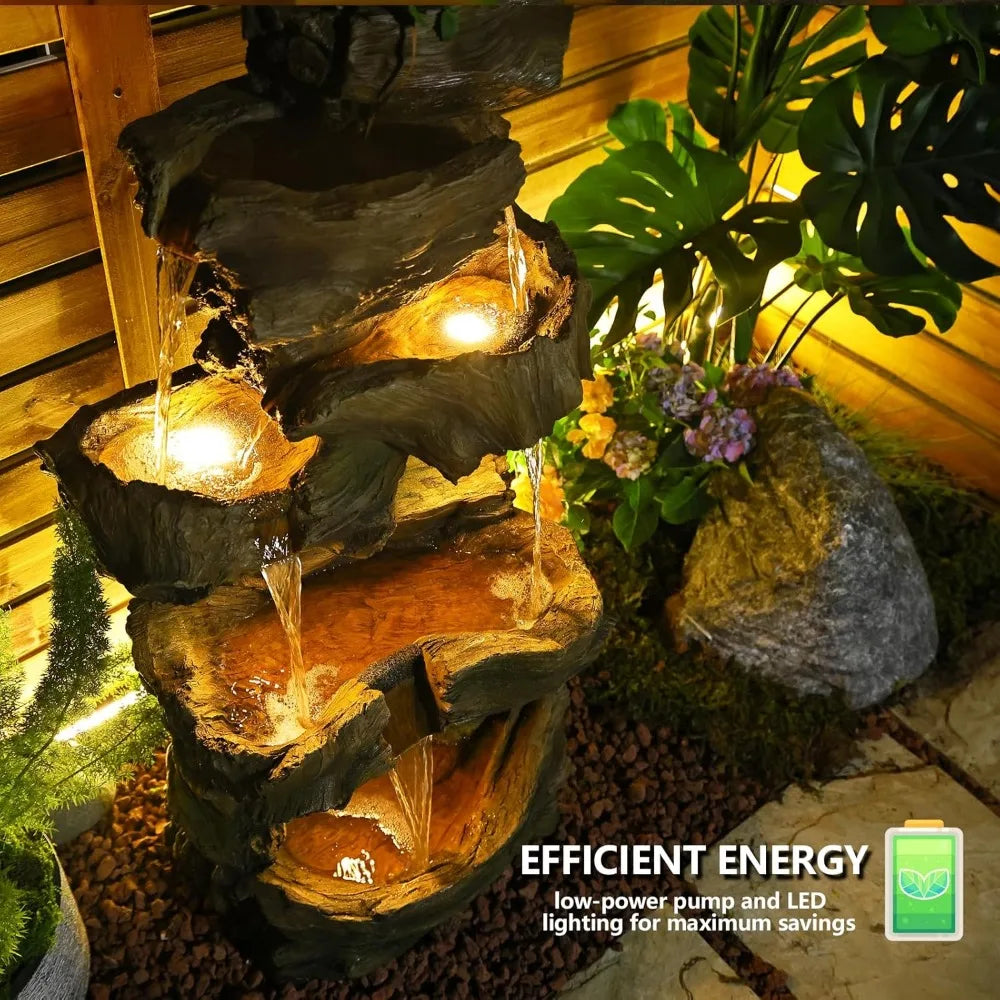 40.5 Inch Outdoor Garden Water Fountain 5 Tier Large Cascading Rock Waterfall Resin Imitation Wood with Adjustable Pump and Built-In Lighting - Wild Paw Outdoors