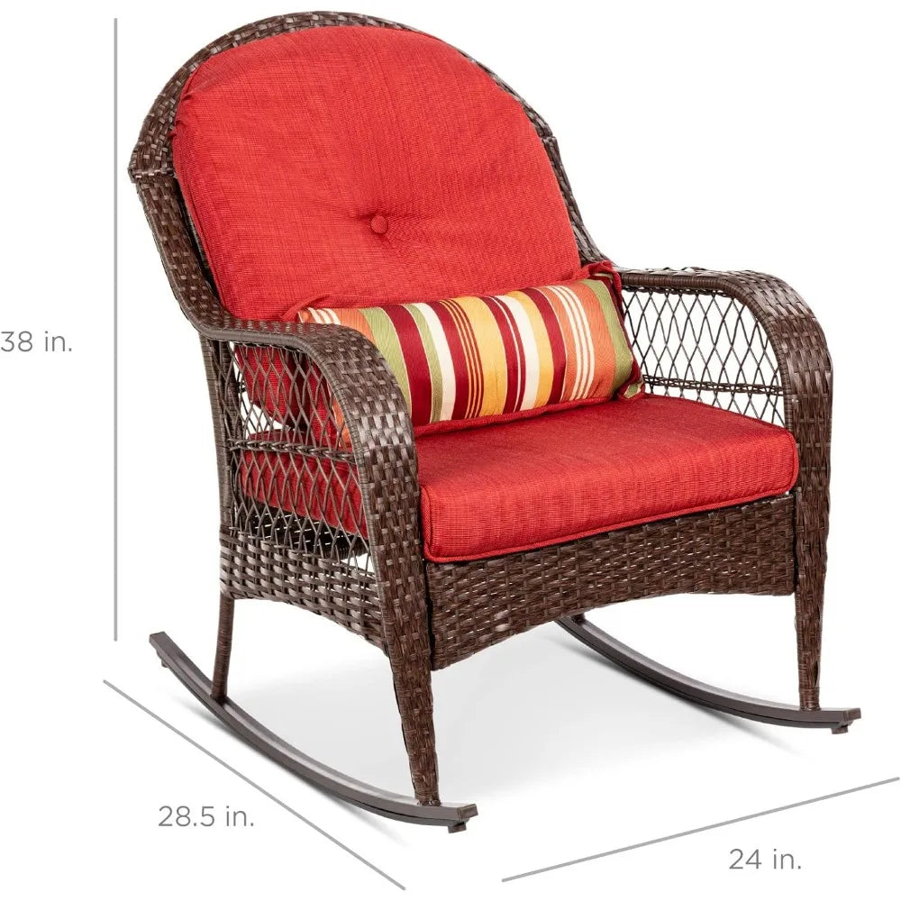 Outdoor Wicker Patio Rocking Chair for Porch Deck Poolside with Steel Frame and Weather-Resistant Cushions in Red - Wild Paw Outdoors