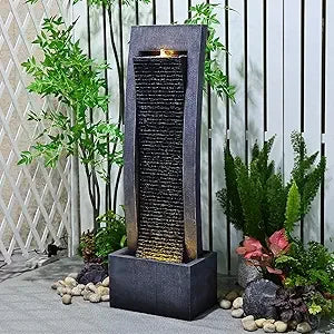 Modern Indoor Water Fountain Curved Faux Slate Waterfall Fountain with LED Lighting 42.5 Inch Tall Tiered Waterfall Fountain - Wild Paw Outdoors