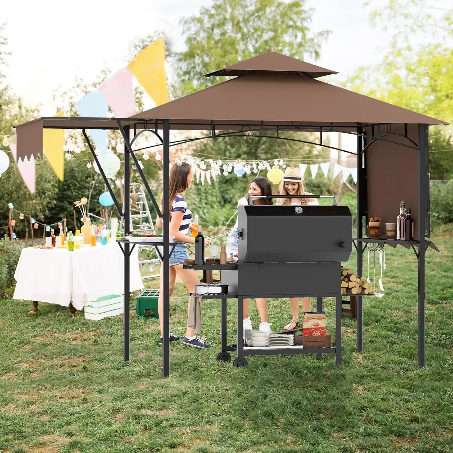 13x5 Ft Grill Gazebo with Dual Side Awnings 2-Tier Barbecue Gazebo with Shelves and Hooks Adjustable Shade Outdoor Grill Canopy - Wild Paw Outdoors