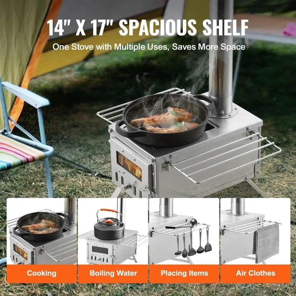 Stainless Steel Camping Wood Stove Built In Chimney