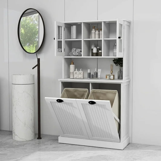 Double Doors Laundry Cabinet Hamper with Hidden Hamper and Glass Doors White 13 by 2 Gallons - Wild Paw Outdoors