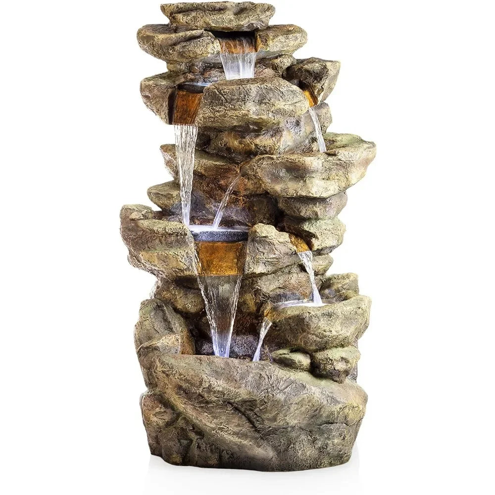 51 Inch Outdoor Six Story Fountain with LED Lights and Natural Stone Appearance for Gardens and Rock Waterfall Fountains - Wild Paw Outdoors
