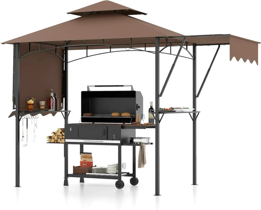 13x5 Ft Grill Gazebo with Dual Side Awnings 2-Tier Barbecue Gazebo with Shelves and Hooks Adjustable Shade Outdoor Grill Canopy - Wild Paw Outdoors