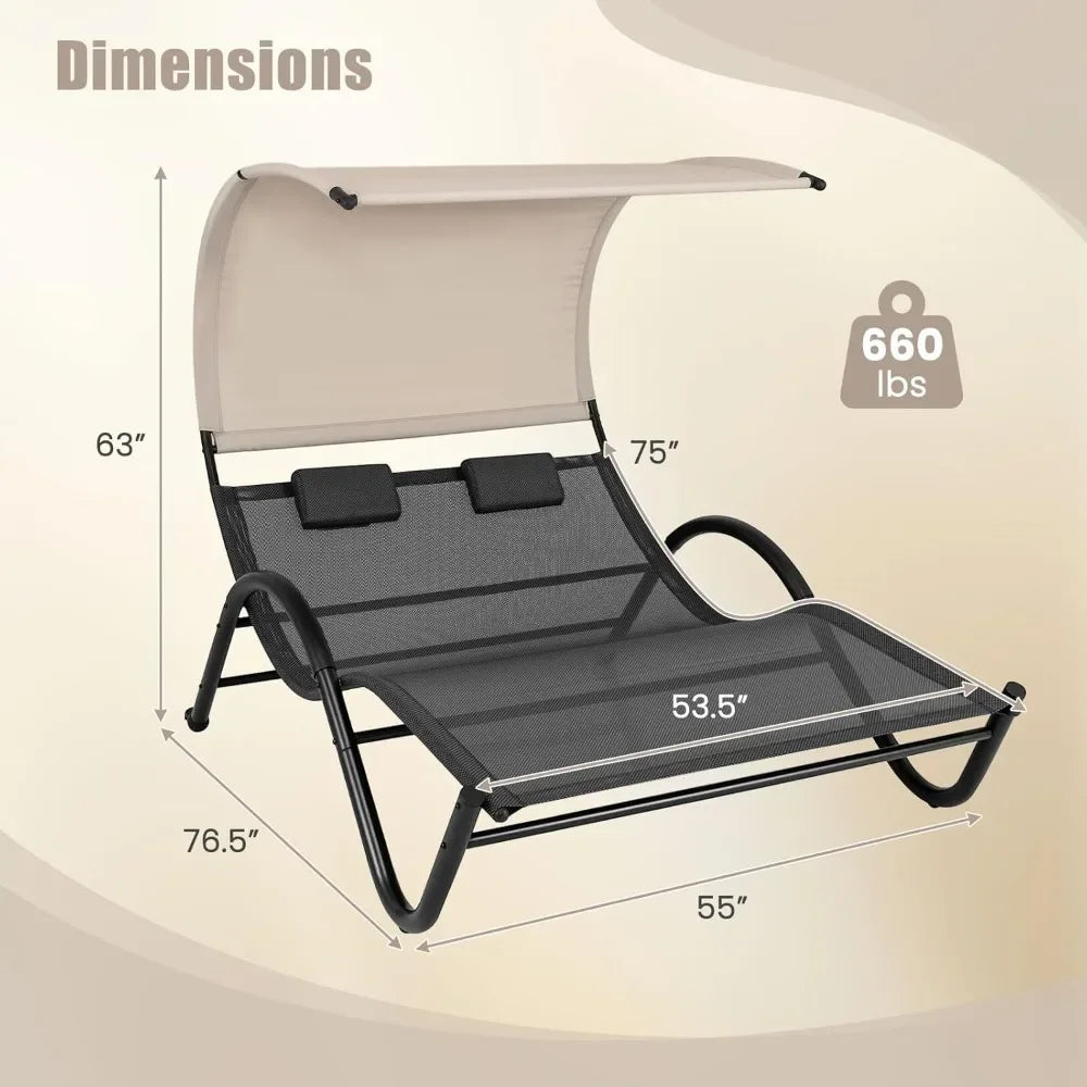 2 Person Lounge Chair with Canopy Outdoor Chaise Lounge with 2 Detachable Pillows UPF50 Plus Large Double Patio Hammock Sunbed Chair - Wild Paw Outdoors
