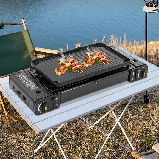 Camping Stove Dual Burner With Grill Tray And Storage Case