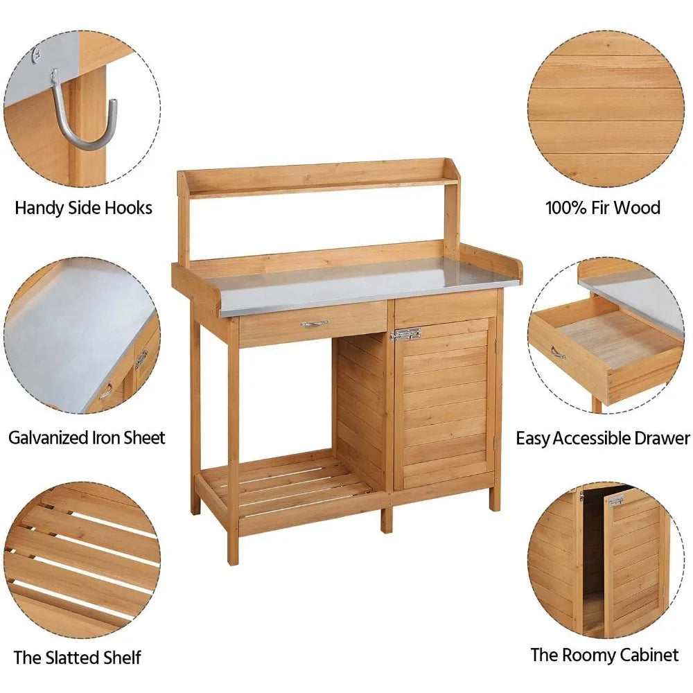Outdoor Potting Bench Table Work Station Garden Planting Table with Cabinet Drawer Top Shelf and Lower Shelf - Wild Paw Outdoors