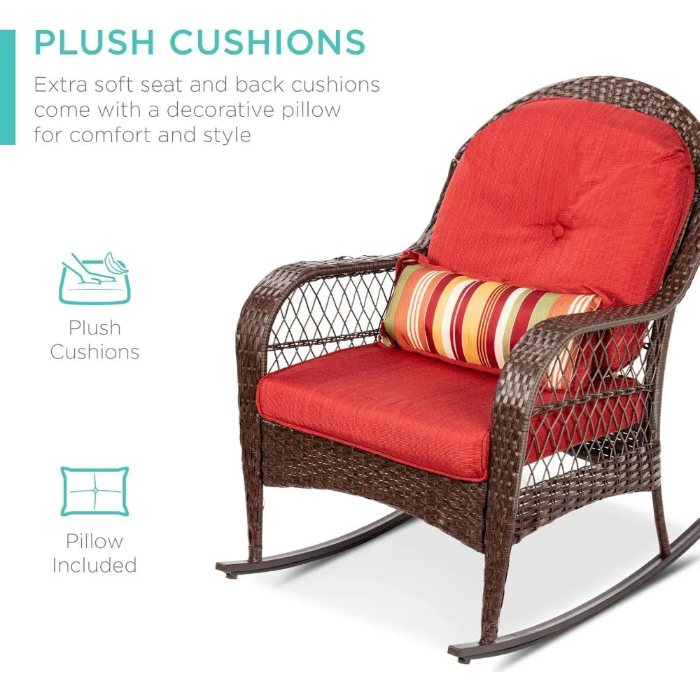 Outdoor Wicker Patio Rocking Chair for Porch Deck Poolside with Steel Frame and Weather-Resistant Cushions in Red - Wild Paw Outdoors