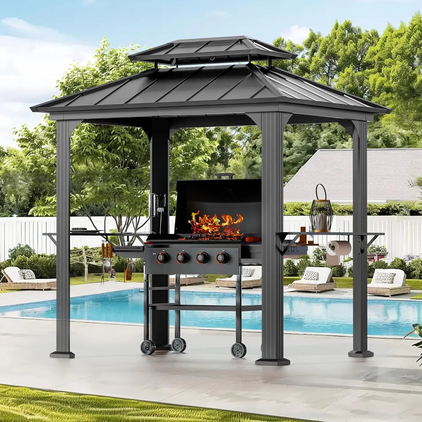 6 Foot by 8 Foot Aluminum BBQ Gazebo with Shelves and Ceiling Hook Hardtop Grill Canopy with Galvanized Steel Roof Outdoor Grill Shelter - Wild Paw Outdoors