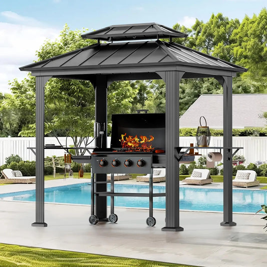 6 Foot by 8 Foot Aluminum BBQ Gazebo with Shelves and Ceiling Hook Hardtop Grill Canopy with Galvanized Steel Roof Outdoor Grill Shelter - Wild Paw Outdoors