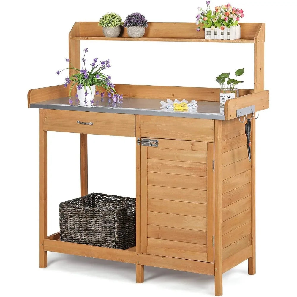 Outdoor Potting Bench Table Work Station Garden Planting Table with Cabinet Drawer Top Shelf and Lower Shelf - Wild Paw Outdoors