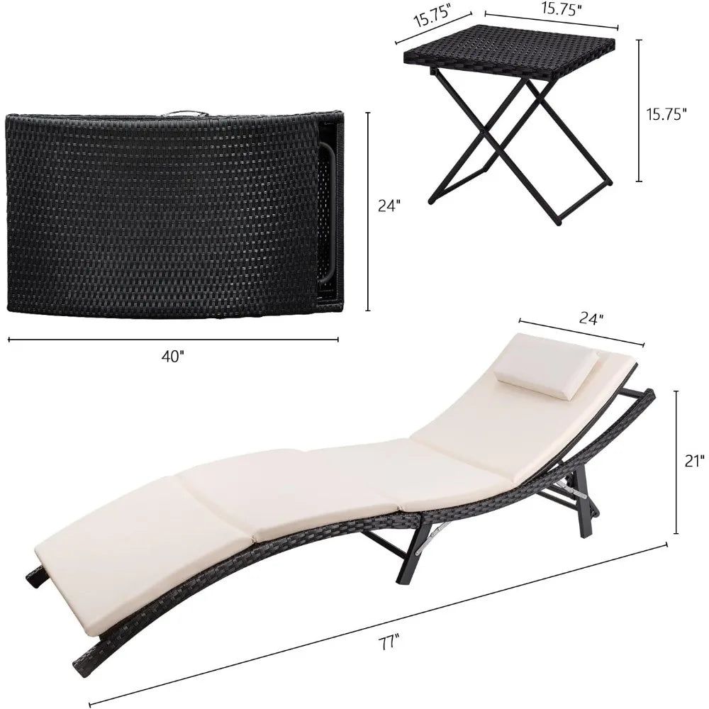 Patio Chaise Lounge Set Outdoor Rattan Adjustable Back Cushioned Folding Lounger with Table - Wild Paw Outdoors