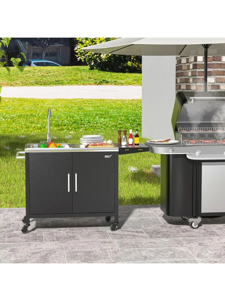 Outdoor Grill Table with Sink Metal Grill Cart Outdoor Kitchen Island with Stainless Steel Sink 57 Inch by 21.65 Inch - Wild Paw Outdoors