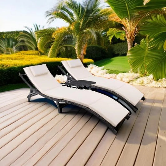 Patio Chaise Lounge Set Outdoor Rattan Adjustable Back Cushioned Folding Lounger with Table - Wild Paw Outdoors