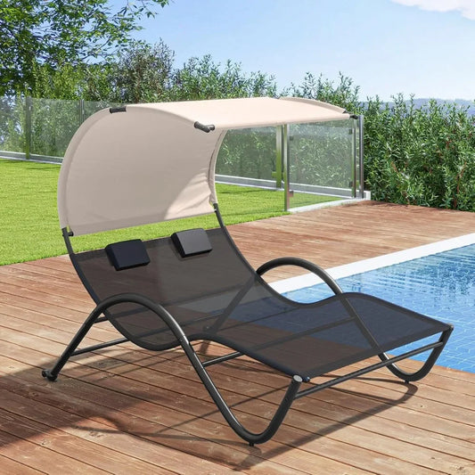 2 Person Lounge Chair with Canopy Outdoor Chaise Lounge with 2 Detachable Pillows UPF50 Plus Large Double Patio Hammock Sunbed Chair - Wild Paw Outdoors