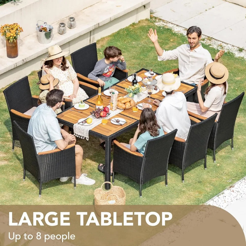 Outdoor Patio Dining Set 9 Pieces Wicker Dining Table and Chairs with Acacia Wood Top and Widened Armrests - Wild Paw Outdoors