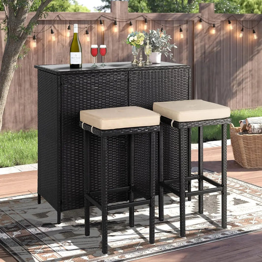 3 Piece Wicker Patio Outdoor Bar Set with 2 Stools and 1 Glass Top Table for Deck Lawn and Backyard - Wild Paw Outdoors