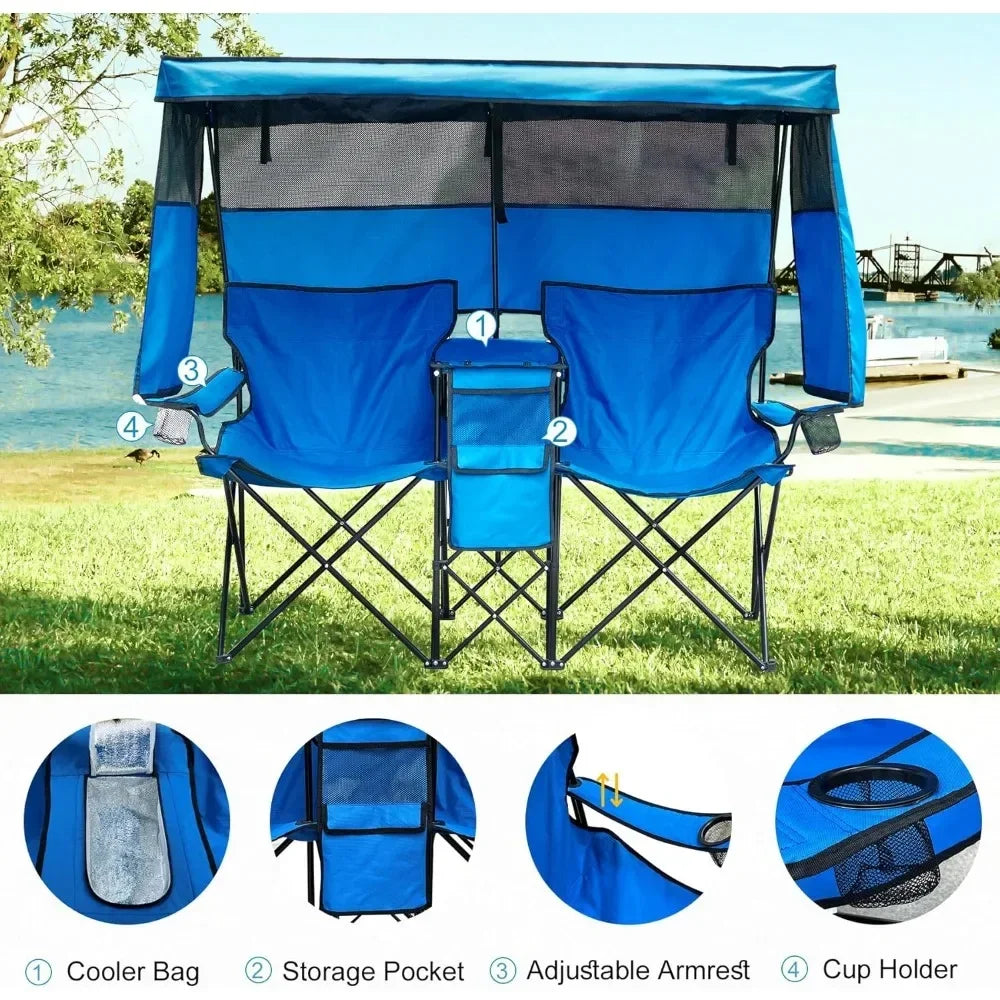 Double Camping Chair With Canopy Shade Beach Chairs With Cup Holder Heavy Duty Folding for Outside Lawn Patio Chaise De Plage - Wild Paw Outdoors